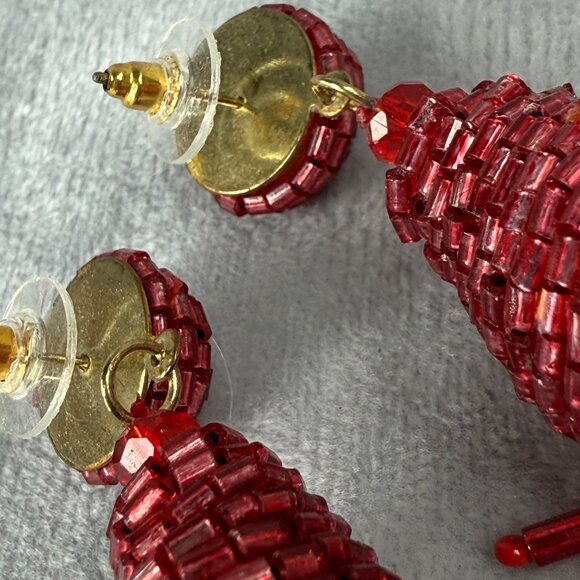 Beaded Red Tassel Pierced Earrings Statement Jewelry Gold Tone Back Vibrant Boho - Picture 13 of 16